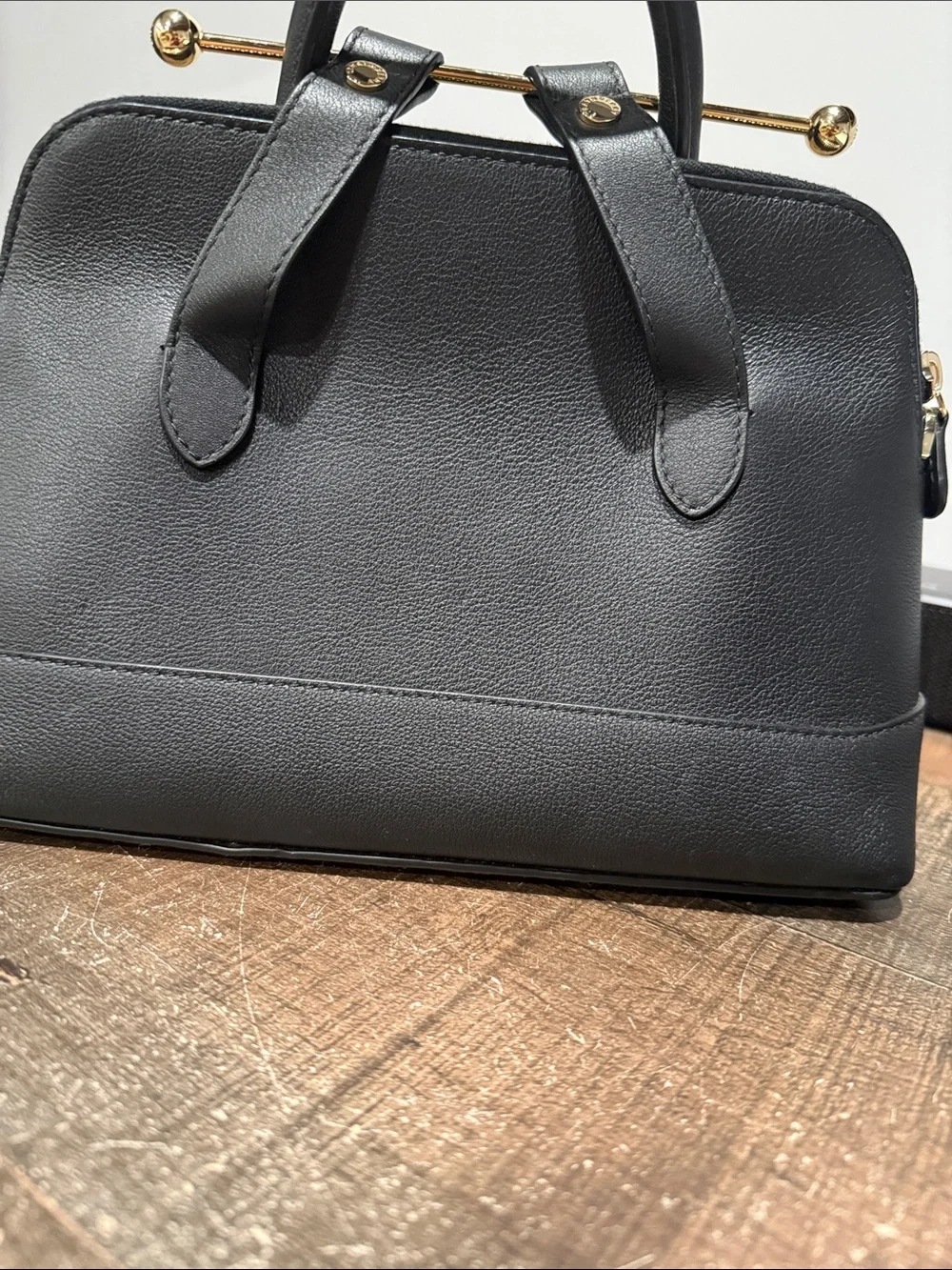 Strathberry Black Leather Dome Satchel with Gold Hardware
